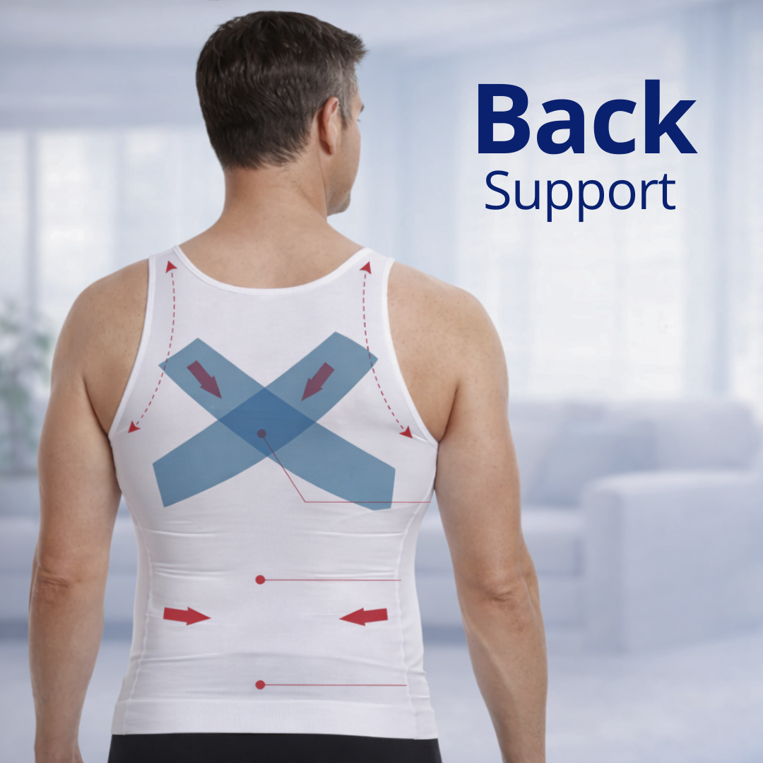 Compression zones of men’s posture undershirt designed for core and back support