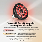 Infrared therapy bulb showing 660 nm red light and 850 nm infrared light benefits for recovery.