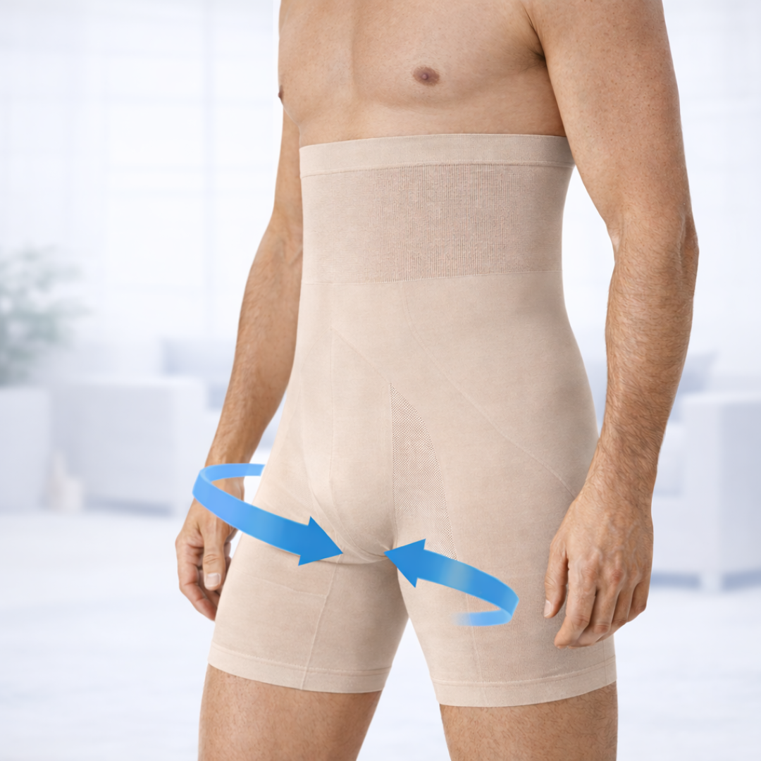 Man wearing high-waisted posture compression shorts showing targeted leg support with compression zones