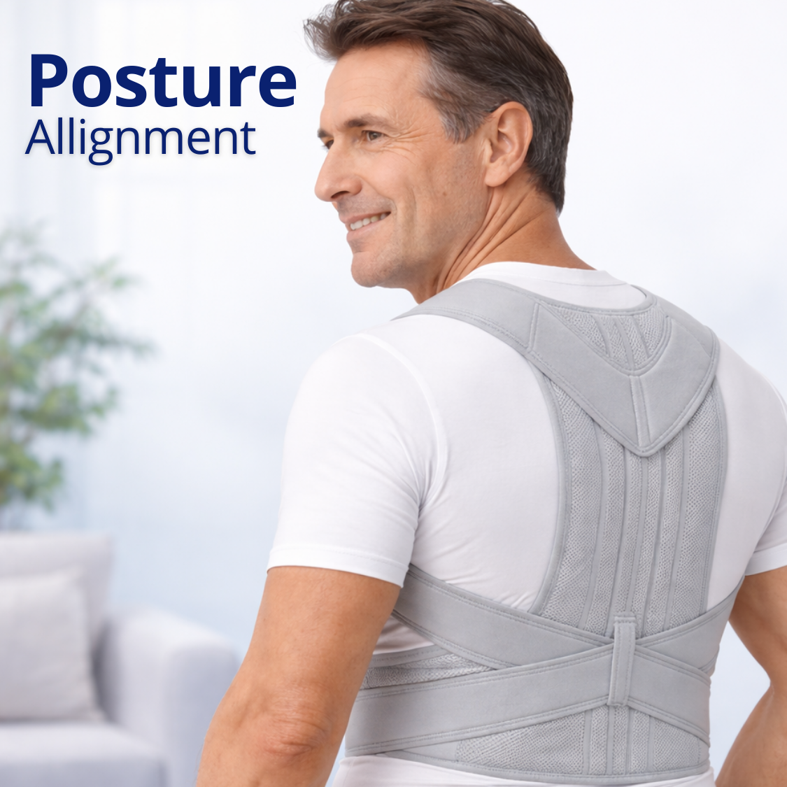 Men wearing a posture corrector undershirt that improves posture alignment and supports the upper back and shoulders.