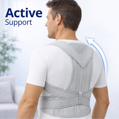 Man wearing a gray posture corrector Active Support that shows how it straightens up your posture