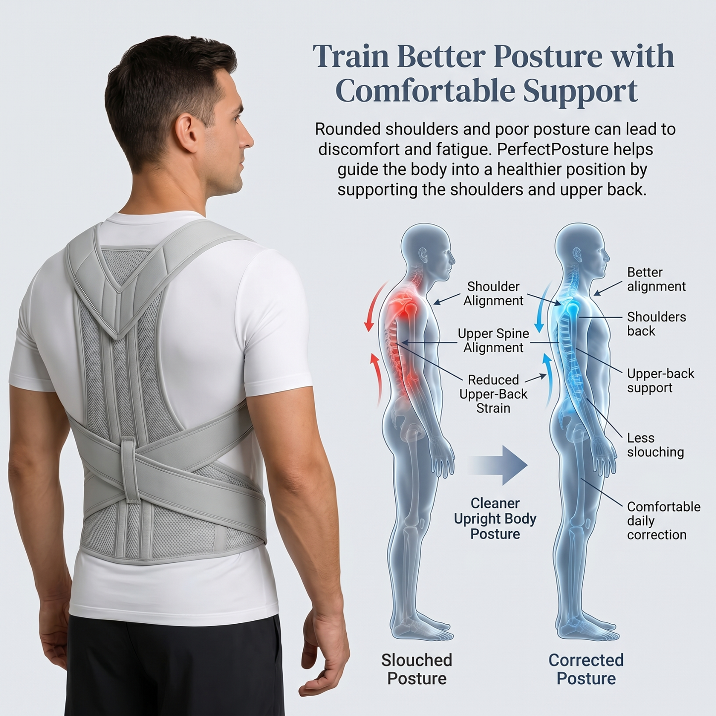 PerfectPosture offers comfortable posture correction by supporting the shoulder area and upper back, helping your body stay naturally upright.