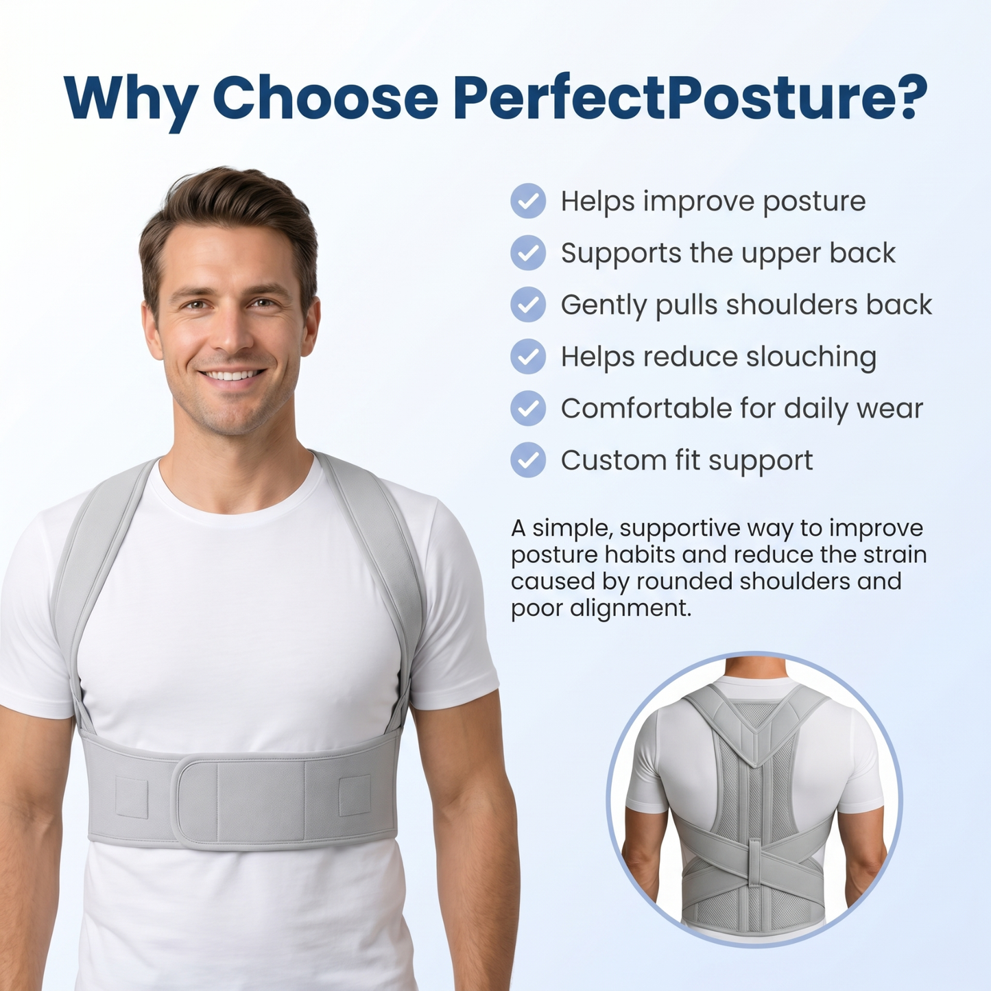smart solution for poor posture, this custom-fit brace helps guide the shoulders back and encourages better alignment during everyday activities.
