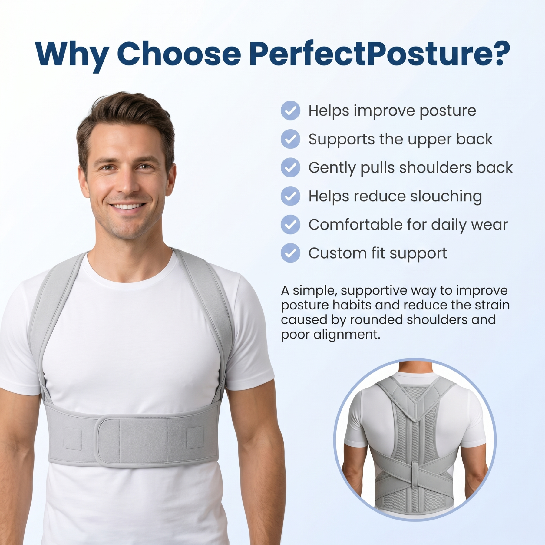 smart solution for poor posture, this custom-fit brace helps guide the shoulders back and encourages better alignment during everyday activities.