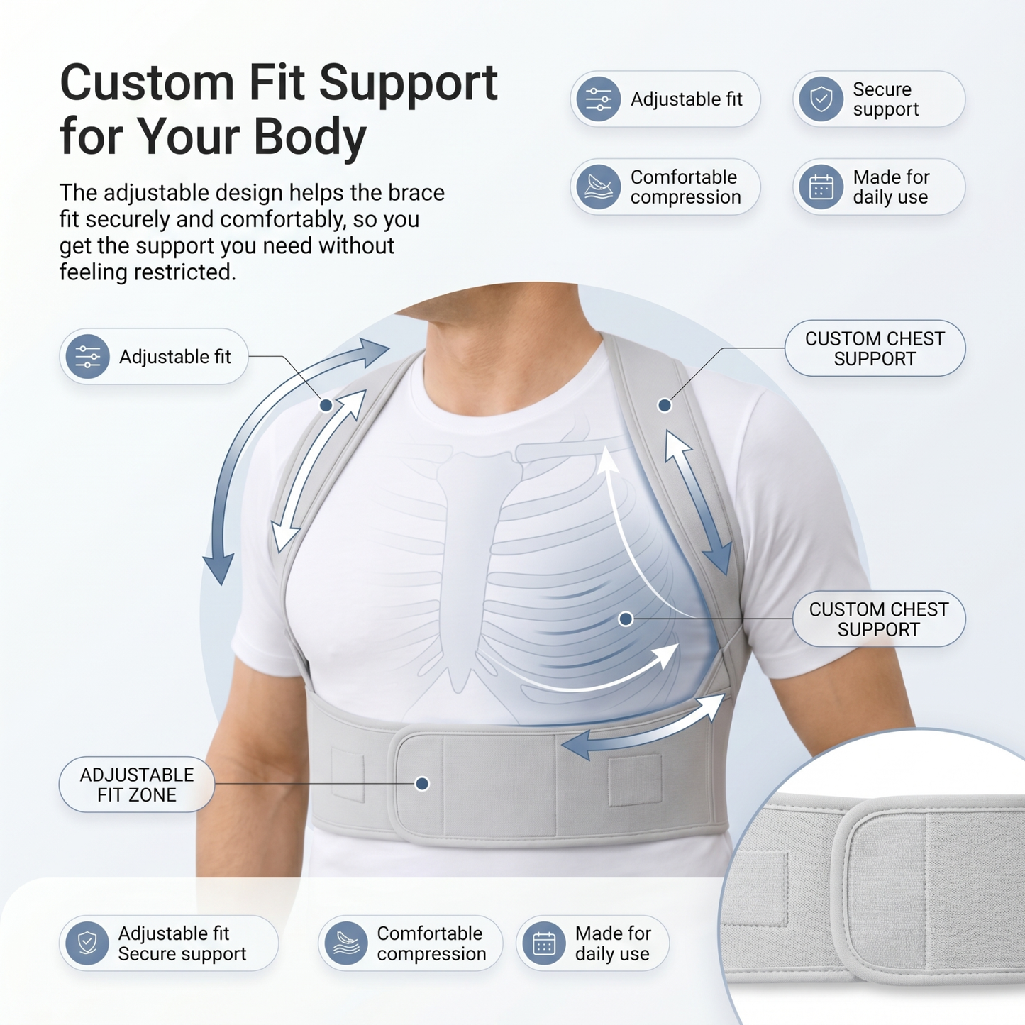 Stay comfortable and aligned with an adjustable posture support brace that helps improve body awareness and supports a healthier upright position.
