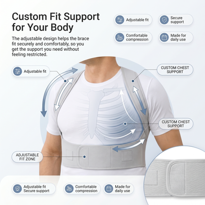 Stay comfortable and aligned with an adjustable posture support brace that helps improve body awareness and supports a healthier upright position.
