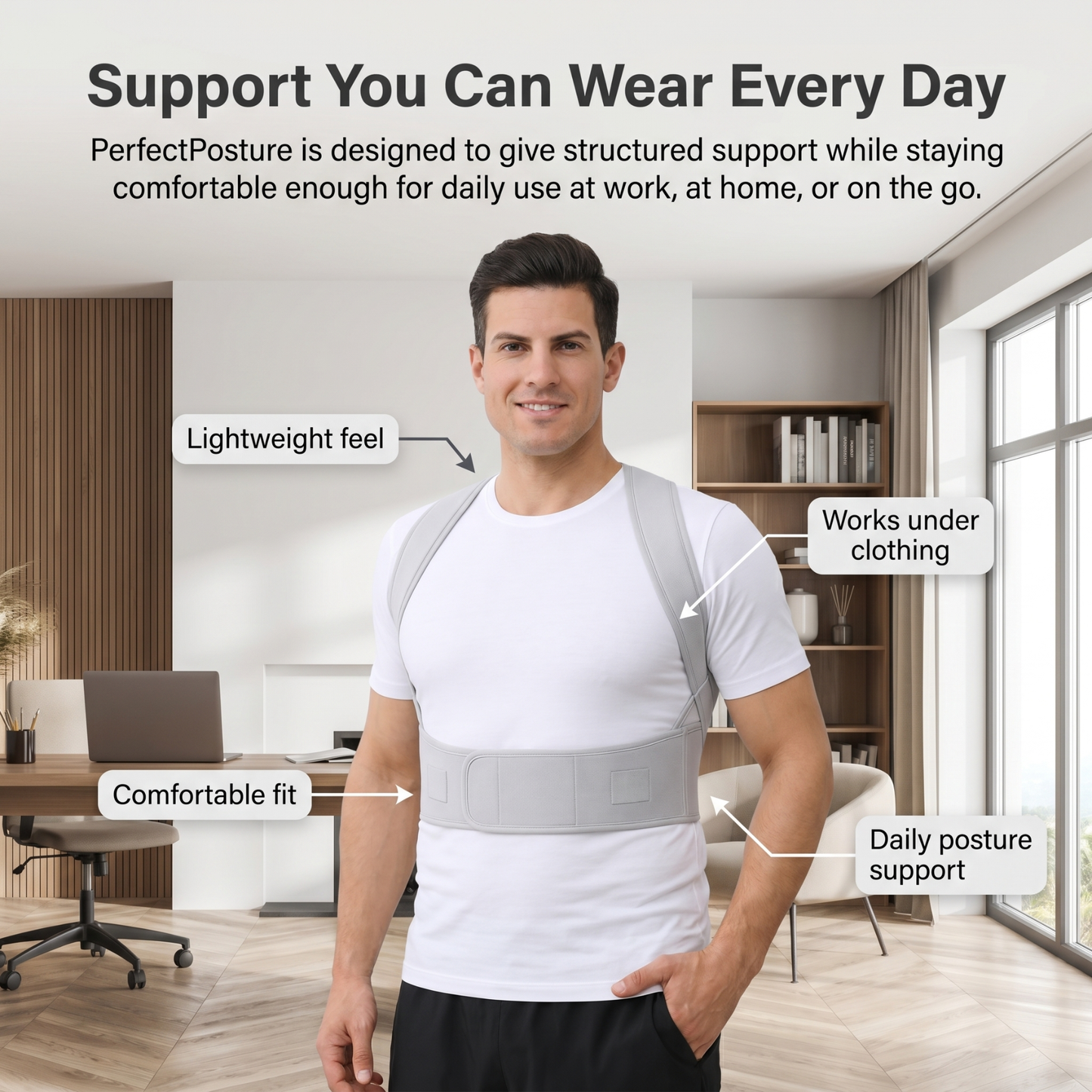 PerfectPosture helps reduce the strain caused by forward shoulders, long screen time, and poor sitting habits by supporting better upper-body alignment.