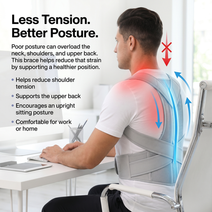 A comfortable custom-fit posture corrector that supports the shoulders, upper spine, and chest area for a more open and confident stance.