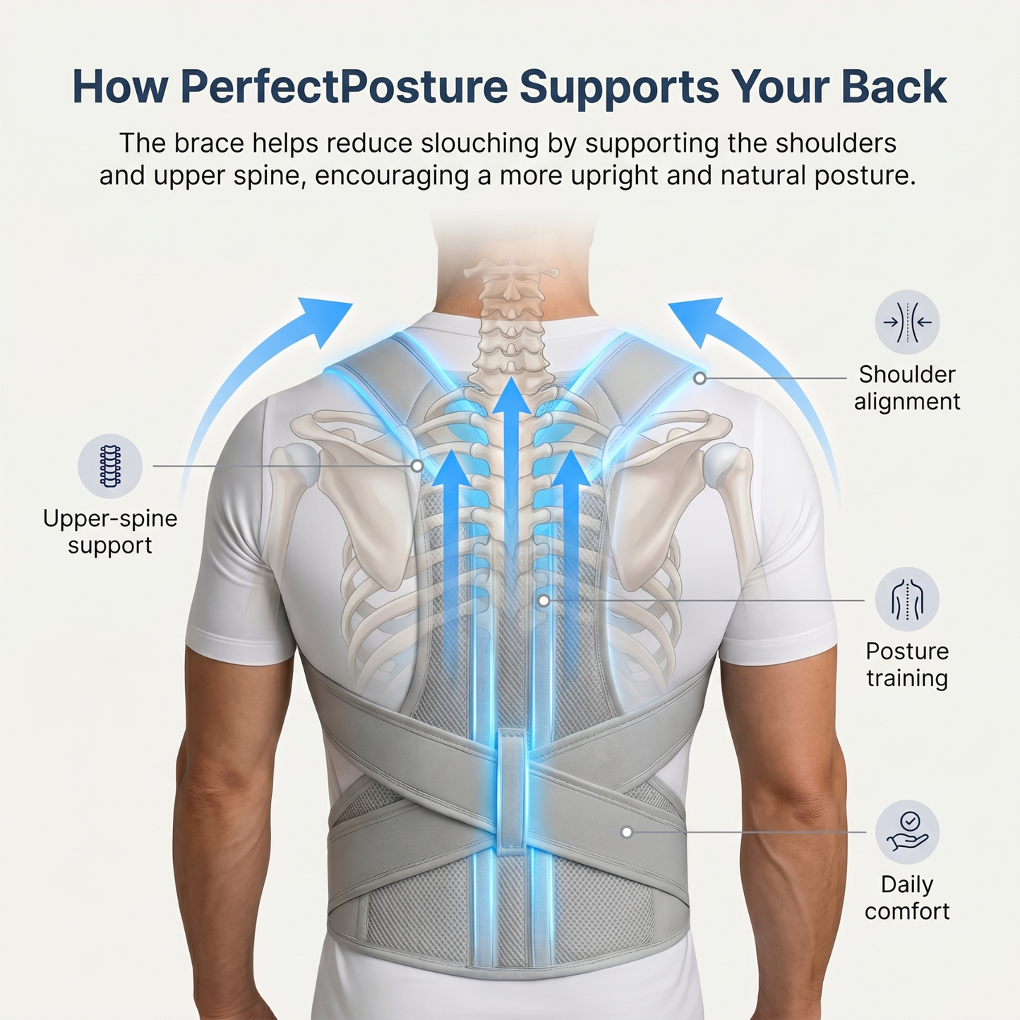 PerfectPosture helps train better posture habits by gently pulling the shoulders back and supporting the upper back throughout your daily routine.