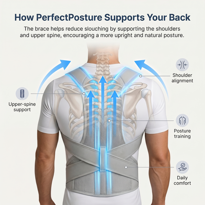 PerfectPosture helps train better posture habits by gently pulling the shoulders back and supporting the upper back throughout your daily routine.