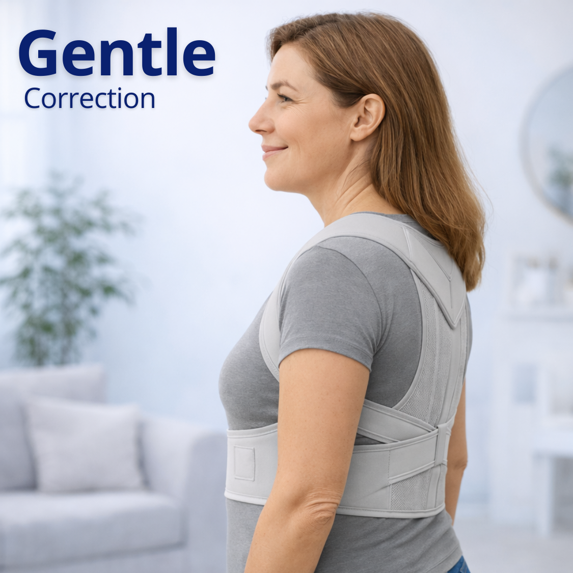 Woman wearing the Posture alignment brace in her daily life