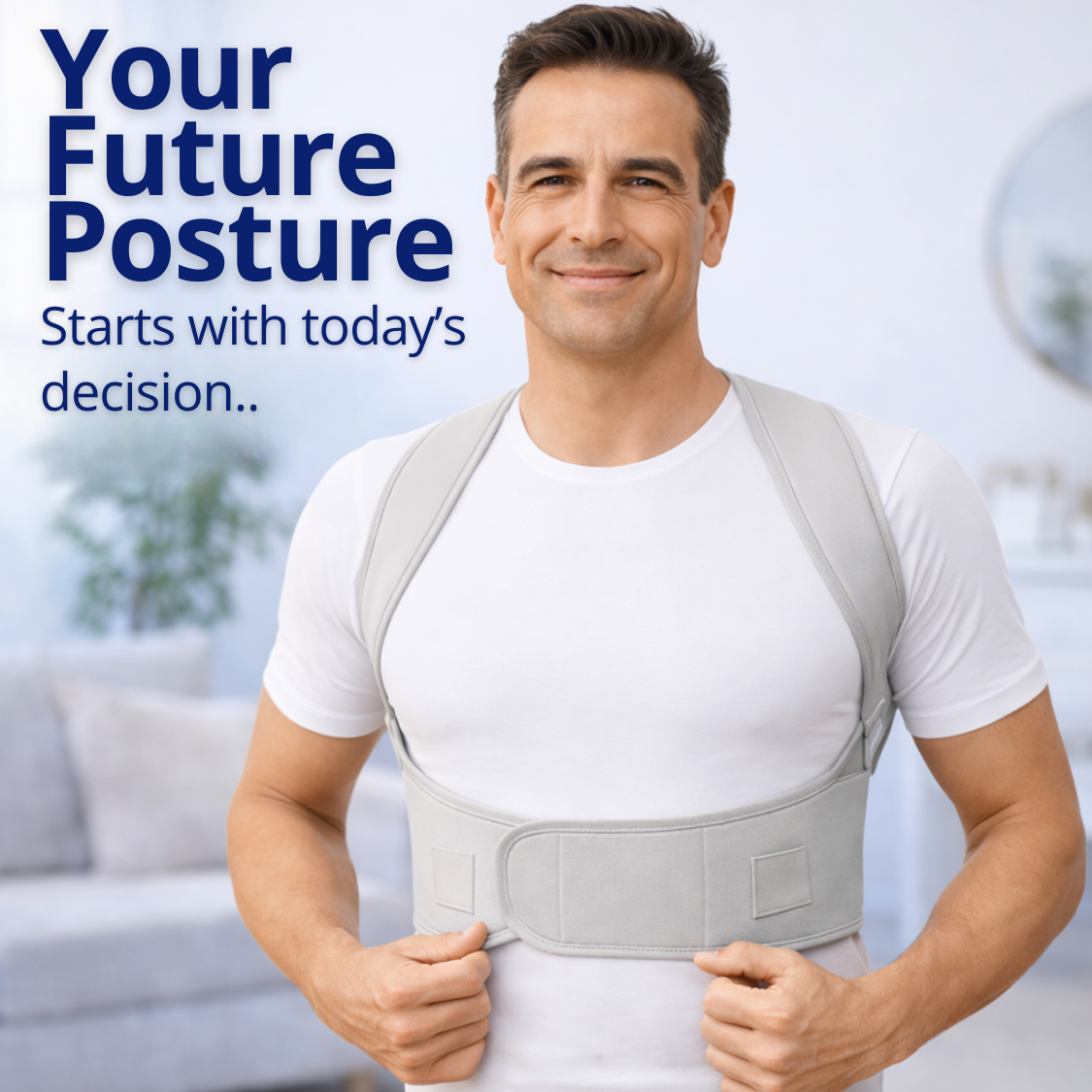 Man wearing a posture corrector brace that improves posture alignment and supports the back and shoulders.