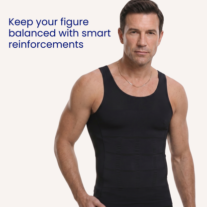 Herren-Slimming-Kompressionsshirt – weißes nahtloses Bodyshaper-Tanktop mit Bauchkontrolle und Rückenstütze.