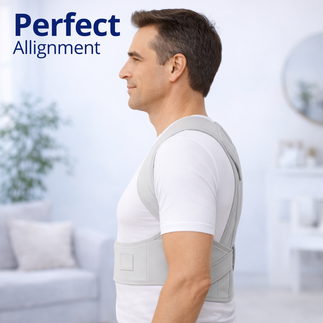 Man wearing the posture corrector who makes his back straight in his daily life