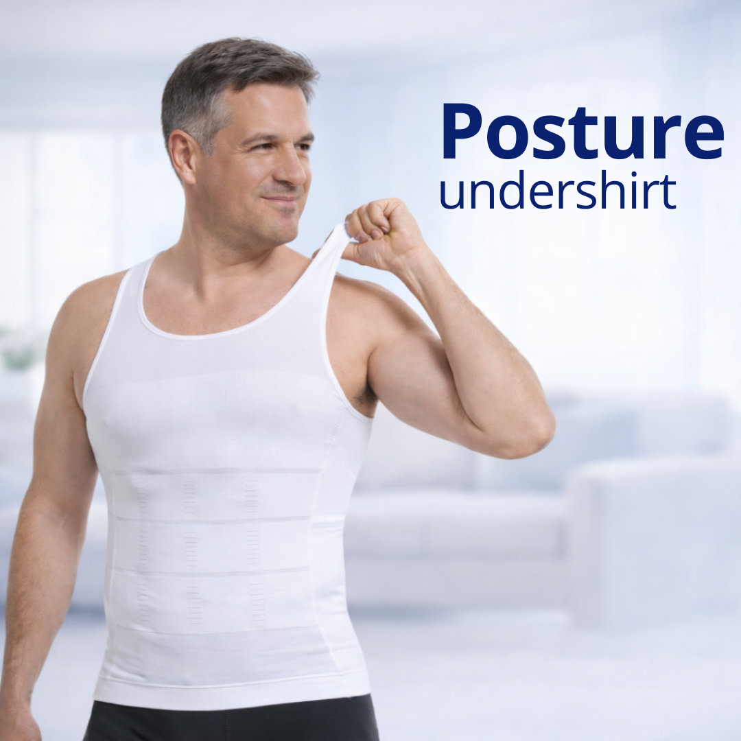 Men wearing posture correction undershirt for back support and improved posture