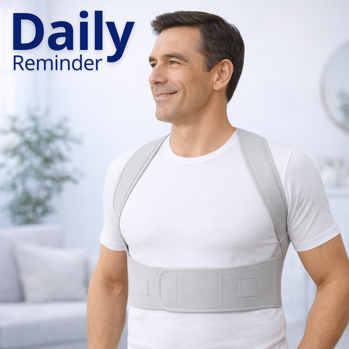 Man wearing a posture corrector adjusting his posture to a correct way making sure his shoulders and back is straight in his daily life