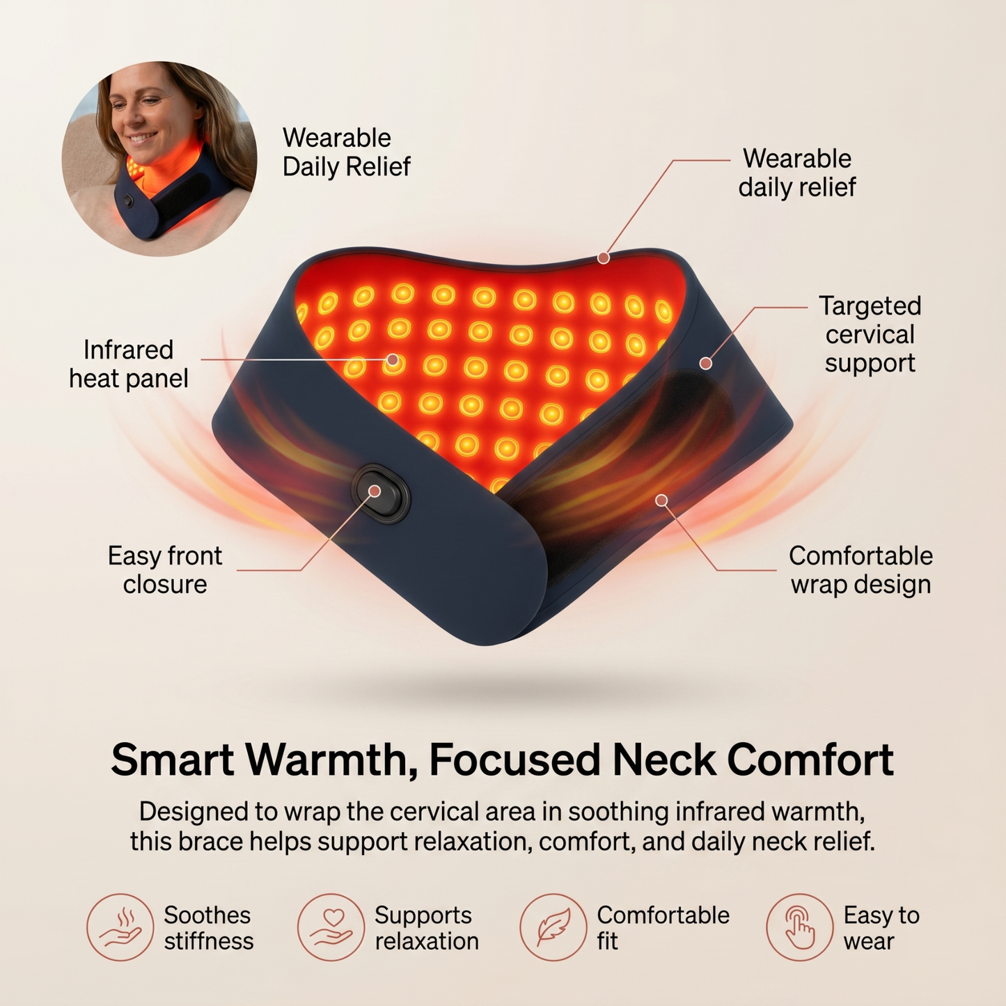 Wearable infrared brace for neck stiffness, tension, and everyday cervical support.