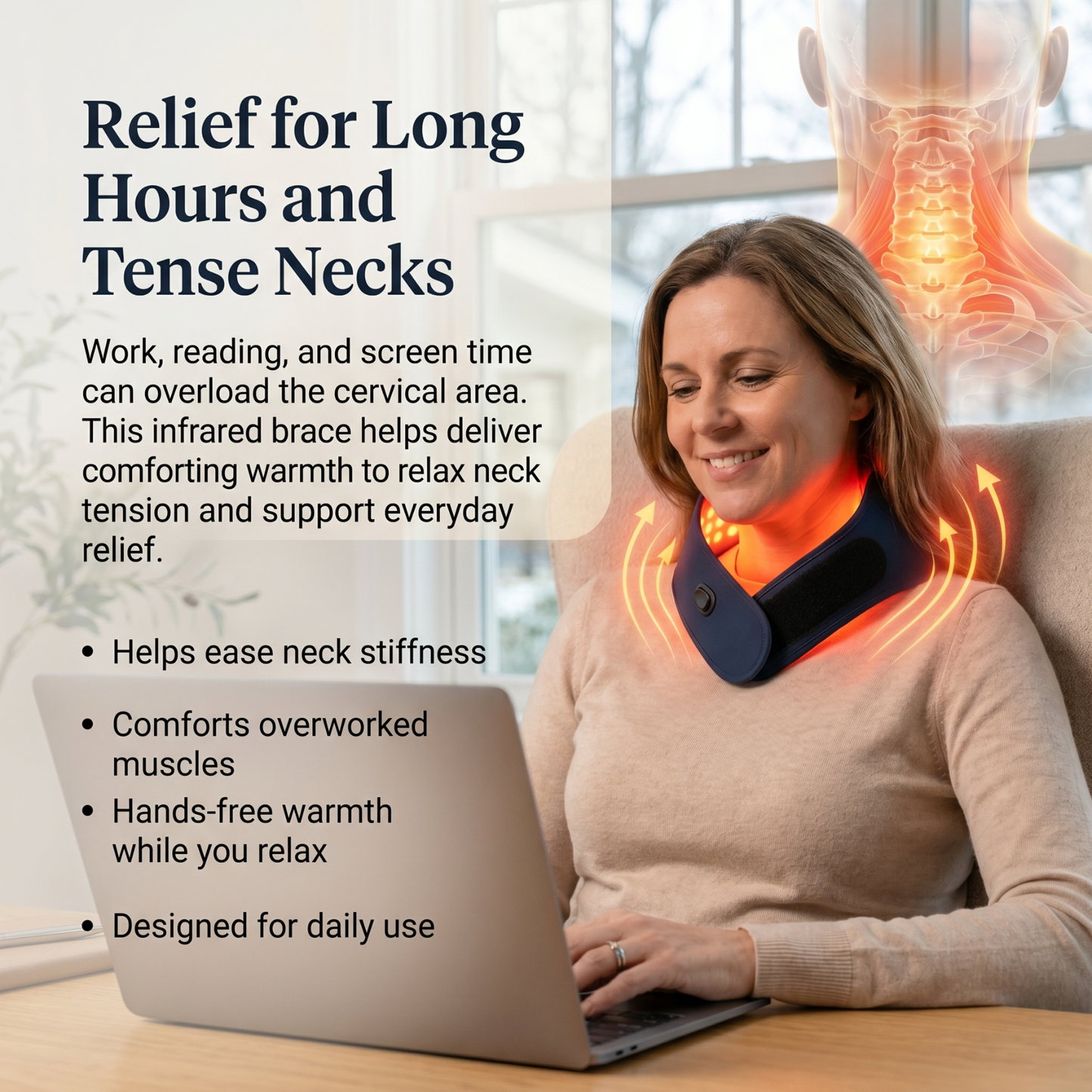 Provides targeted warmth to the neck to help ease discomfort from daily strain.