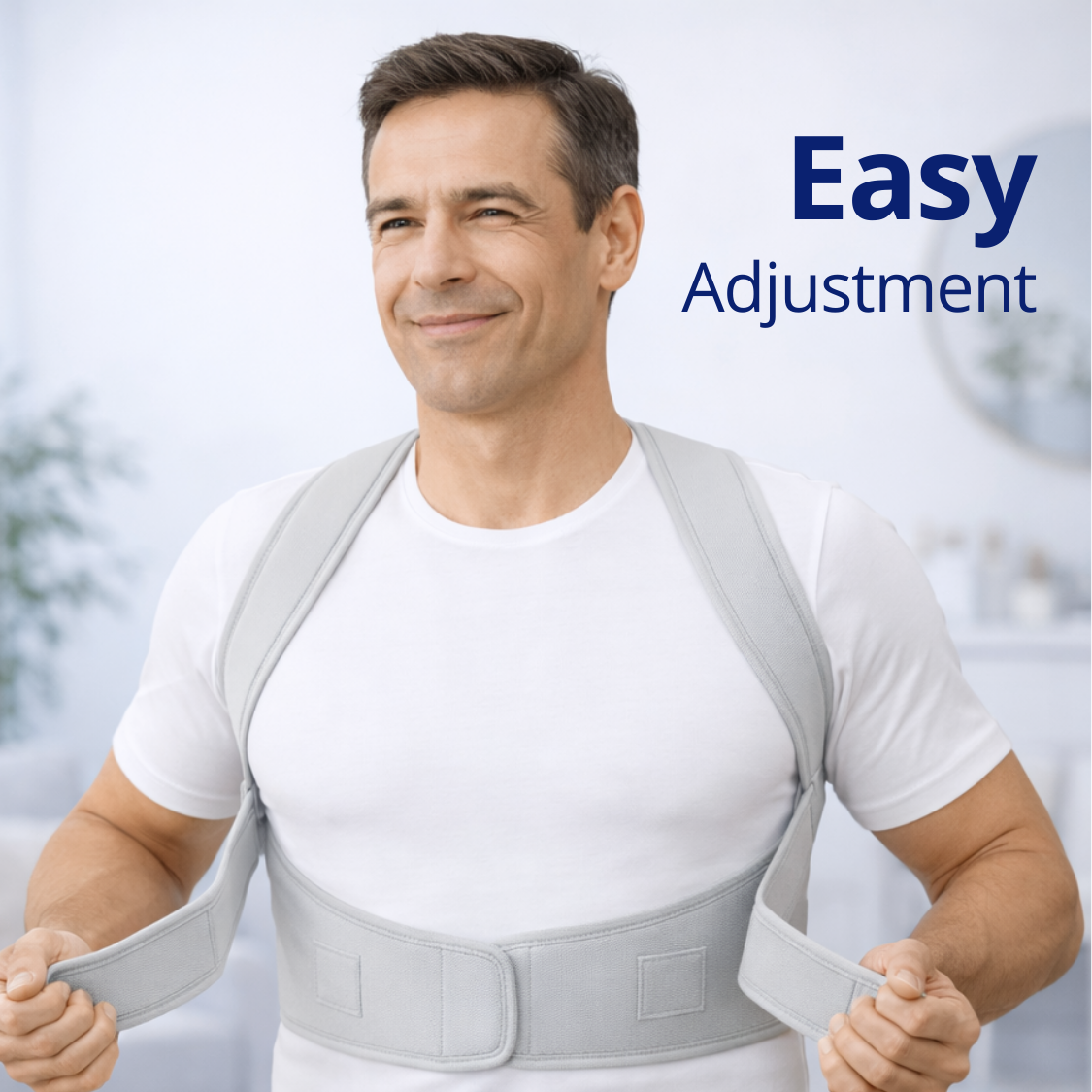 Man wearing a posture alignment brace showing the easy adjustment that this posture corrector can do.