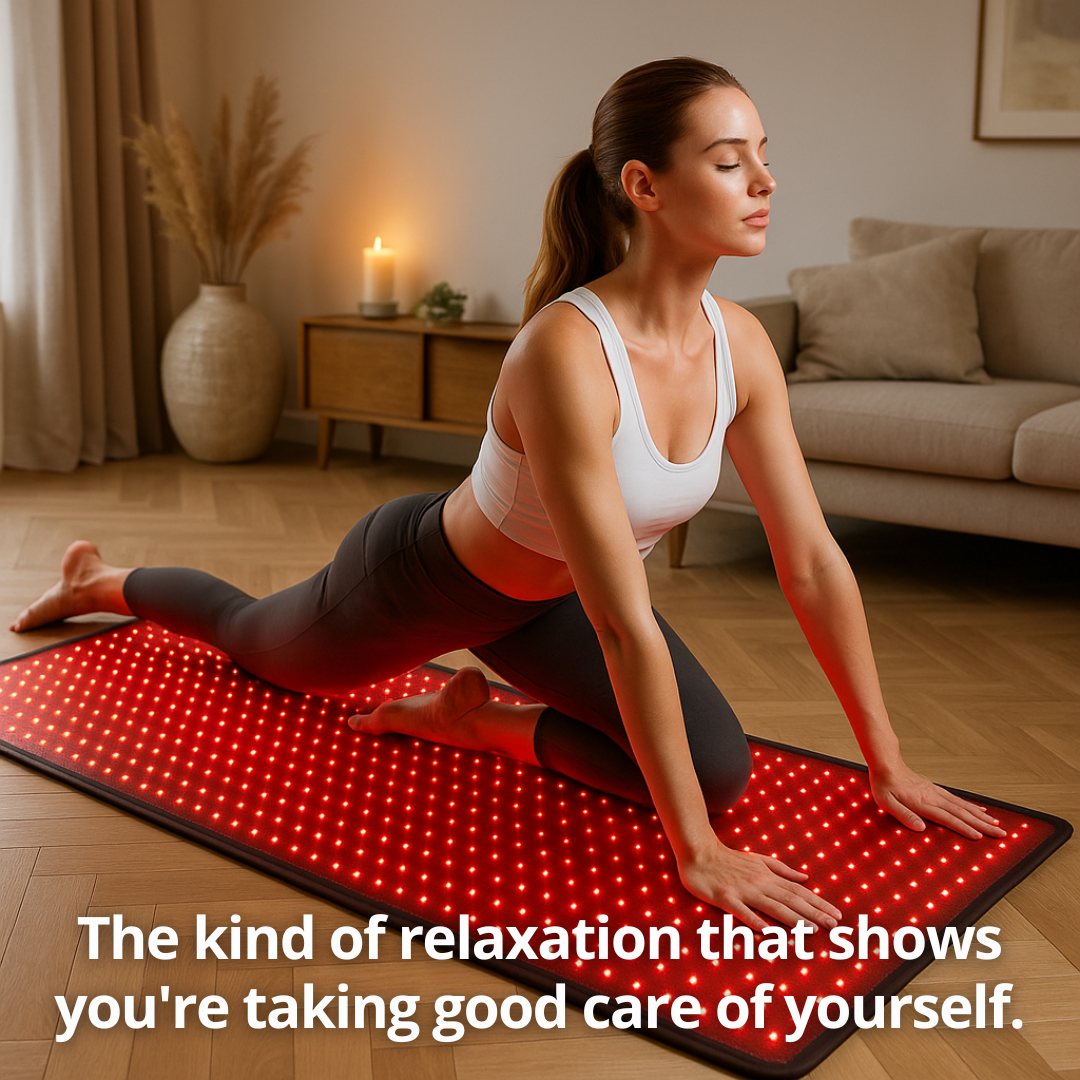 Large infrared therapy mat by DutchPosture. Full body far infrared heat for deep relaxation, muscle recovery and daily wellness.