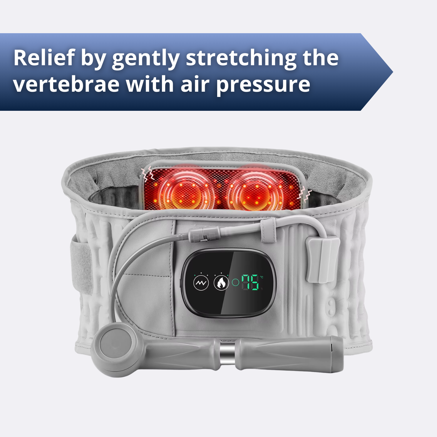 Decompression brace with infrared heat and massage that gently lifts the lower back, helping reduce pressure and support daily comfort. Dutchposture