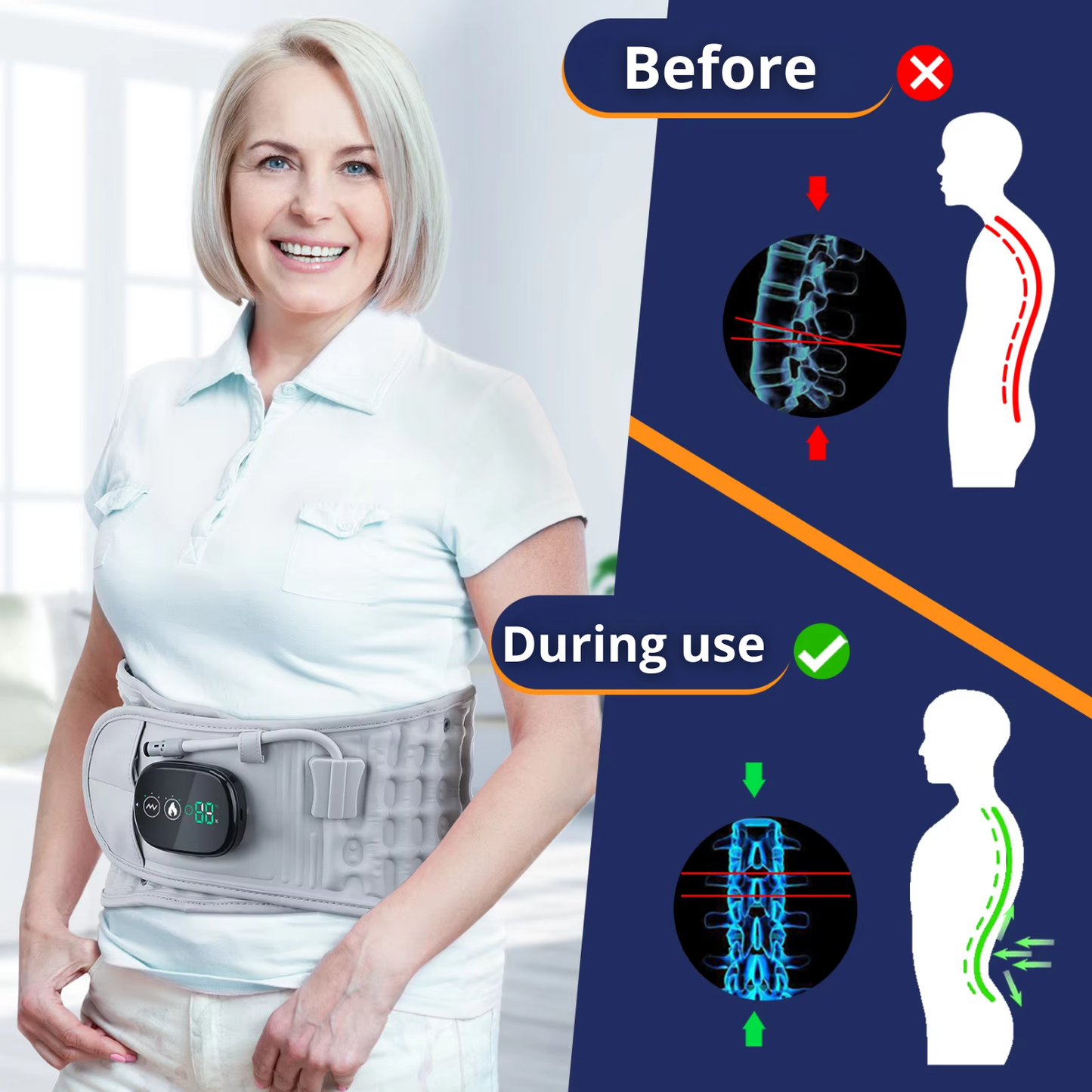 Inflatable decompression support with infrared warmth and vibration massage for a lighter, more supported lower back feeling.