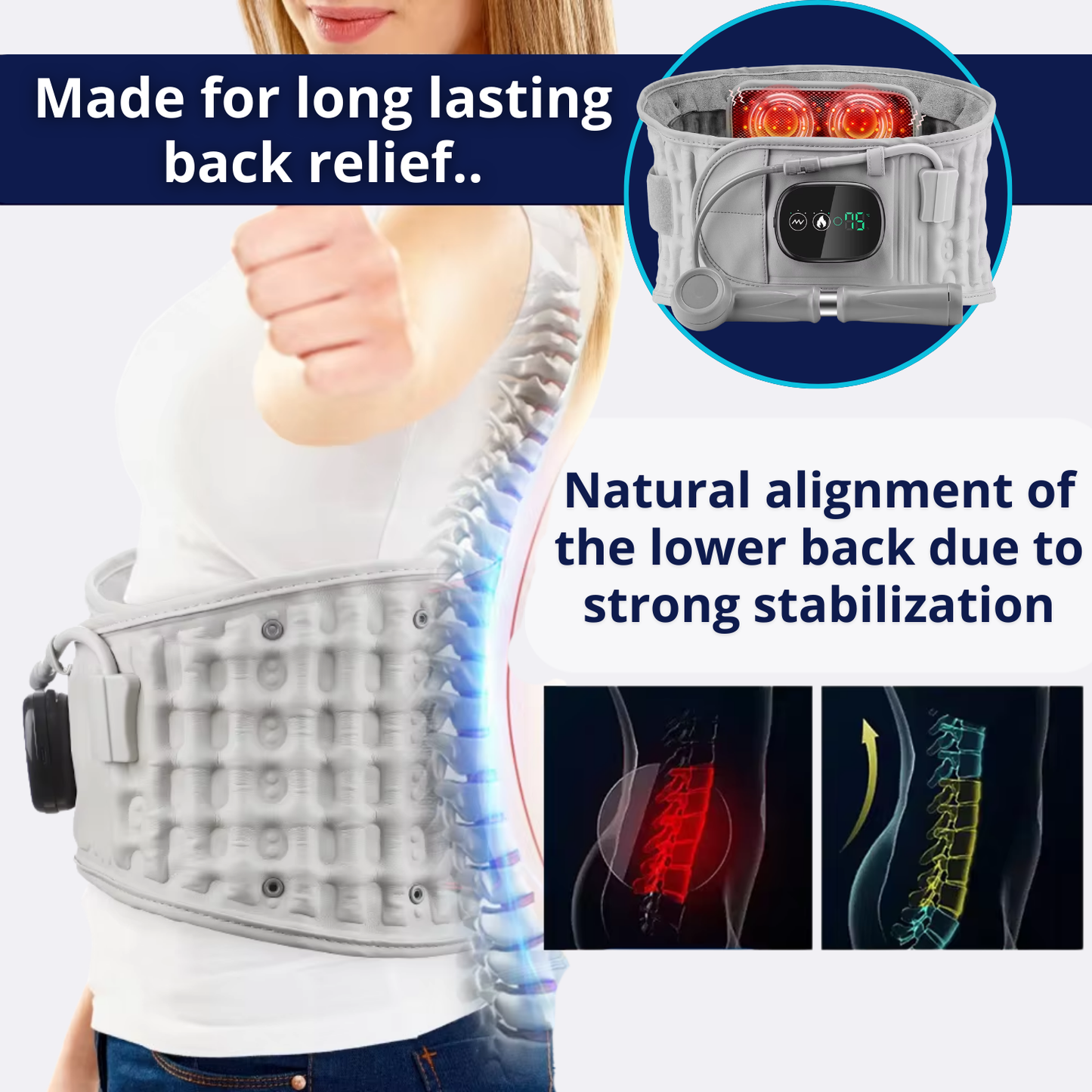 Back brace with adjustable air traction, deep infrared heat, and massage function to ease tension and promote relaxation.
