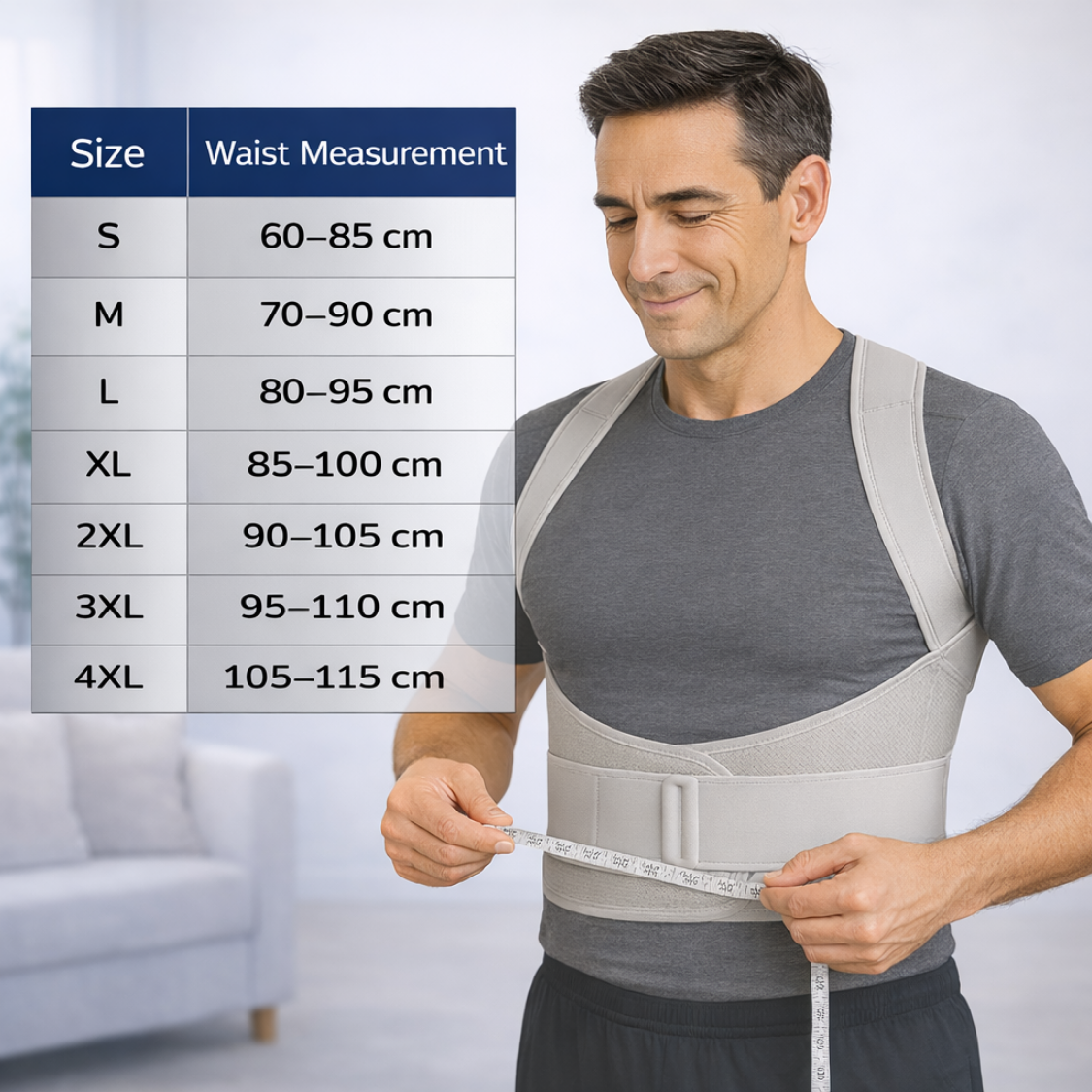 Man wearing the posture alignment brace next to the different sizes we have