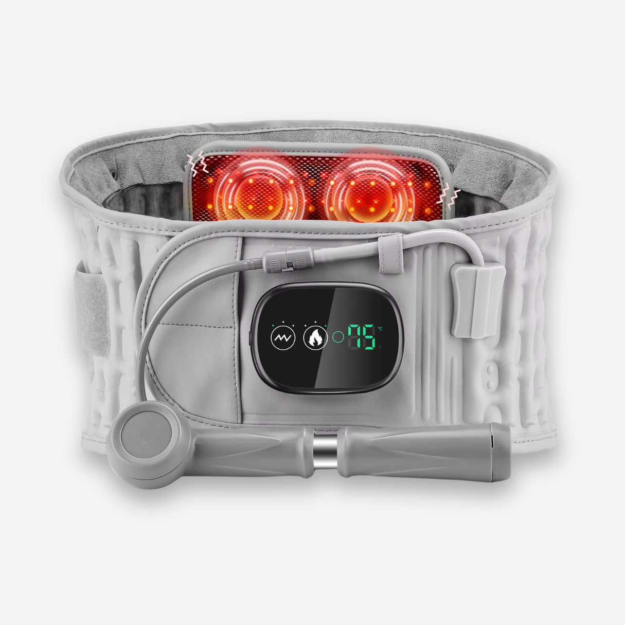 Decompression brace with infrared heat and massage that gently lifts the lower back, helping reduce pressure and support daily comfort.