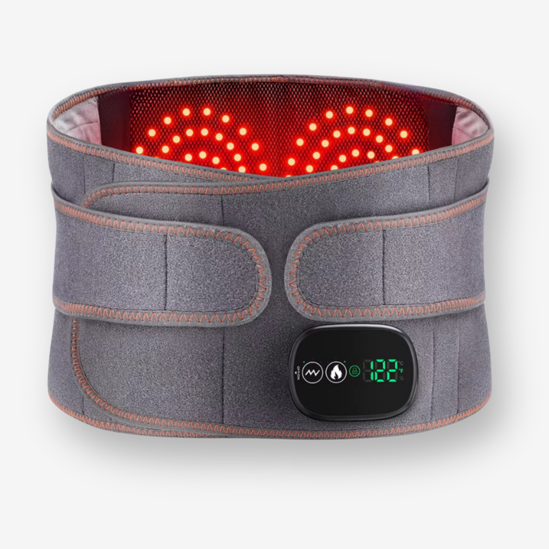 Infrared therapy lower back belt used at home for natural back pain relief. Ideal for herniated disc discomfort, muscle tension, and daily posture support by DutchPosture.
