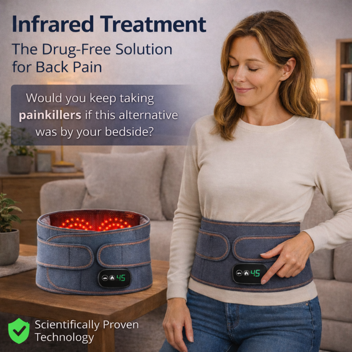 Behagelig infrarød varmeomslag til naturlig lindring af rygsmerter, ideel for dem, der søger løsninger mod diskusprolaps-smerter og ubehag i lænden. lindring af rygsmerter