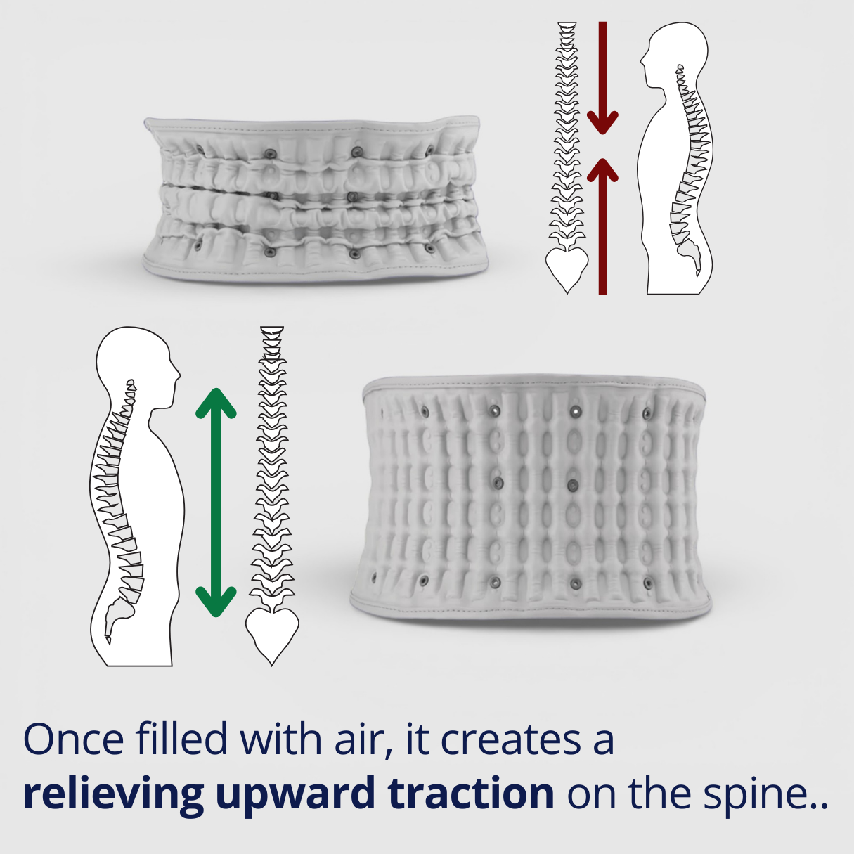 An advanced back brace combining air decompression, soothing heat, and massage to relax tight muscles and support spinal alignment.