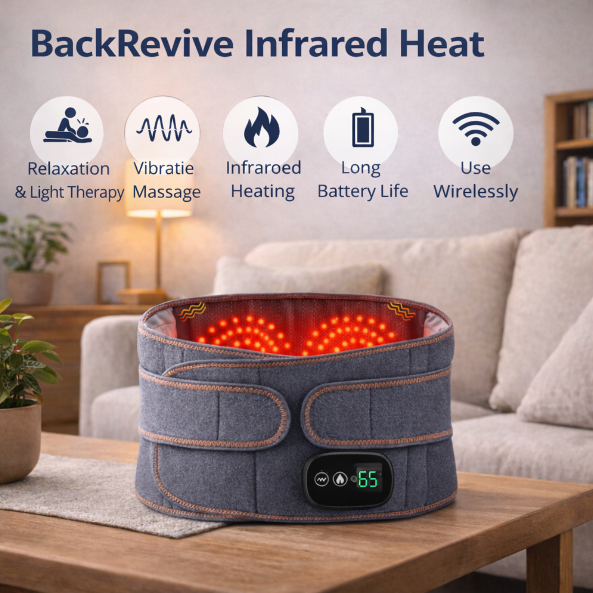 Infrarød terapibælte til lænden, der bruges derhjemme for naturlig lindring af rygsmerter. Ideel til ubehag ved diskusprolaps, muskelspændinger og daglig holdningsstøtte fra DutchPosture. dutchposture.com