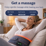 Woman relaxing with an infrared lower back brace, combining heat and massage for back pain relief and improved circulation in the lumbar spine.