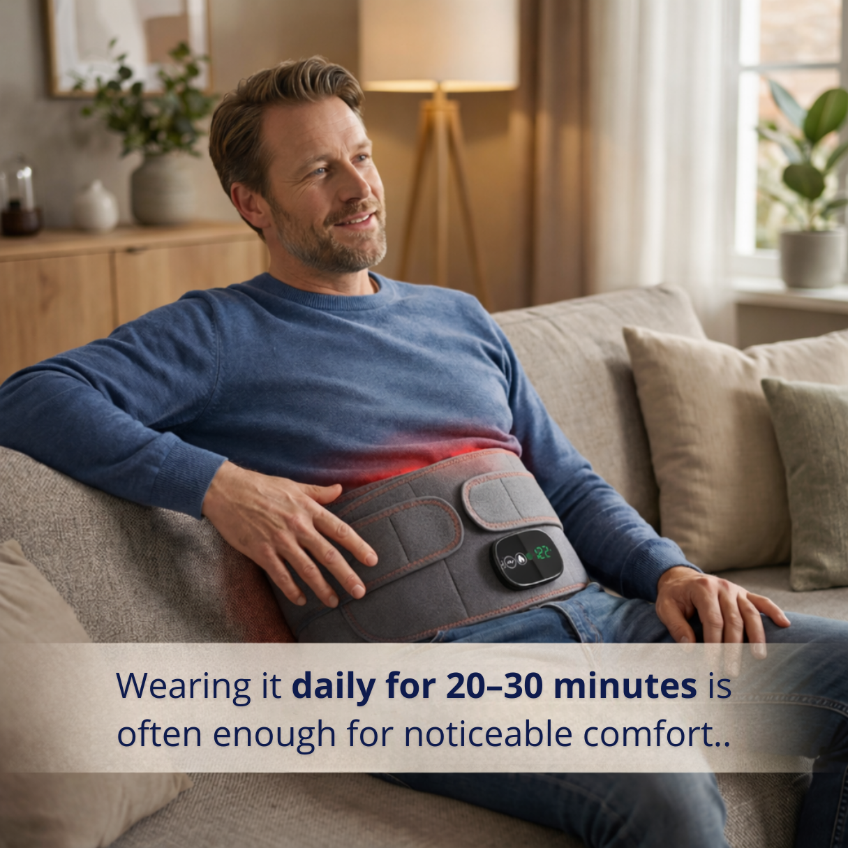 Dyb infrarød varmebehandling til lænden, der understøtter cirkulation og afslapning for personer med lænderygsproblemer og rygstivhed.