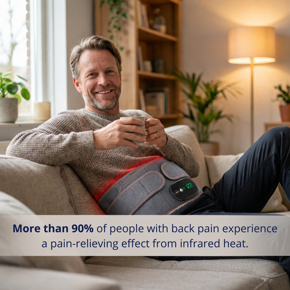 Infrarød varmeskærm til rygsmerter ved diskusprolaps, der hjælper med at reducere muskelspændinger og støtte genopretning efter mange timers siddende arbejde. dutchposture