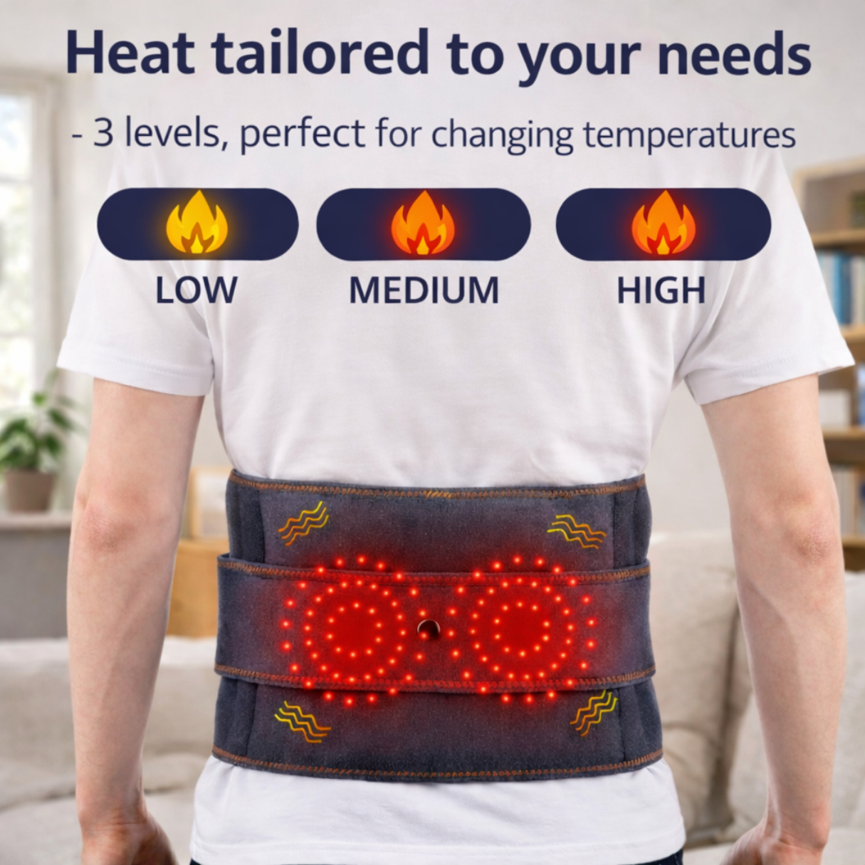 Opvarmet lændebælte med infrarød terapi til lindring af rygsmerter, designet til at støtte personer med symptomer på diskusprolaps og kronisk stivhed i lænden.