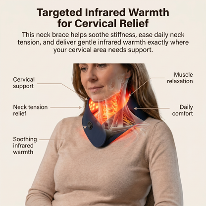 Comfortable neck brace that supports the cervical vertebrae with soothing infrared heat.