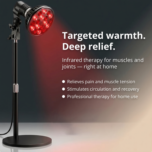 Verstelbare infraroodtherapielamp die thuis gerichte warmte met rood licht biedt voor spieren en gewrichten.