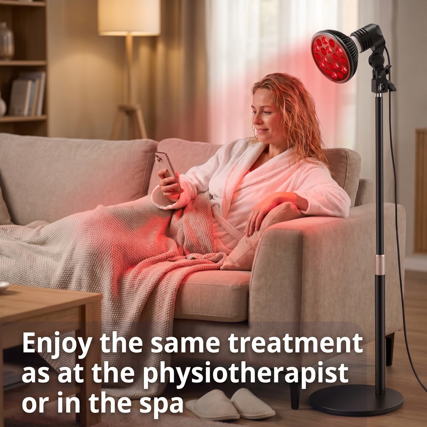 Nyd en afslappende infrarød terapioplevelse derhjemme med beroligende rødlysvarme, der er designet til at støtte komfort, afslapning og restitution som en spa-behandling.