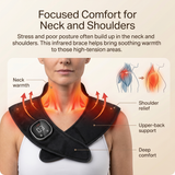 Comfortable infrared heat brace for the upper back, designed to support muscle relaxation, improve comfort, and provide hands-free relief at home.