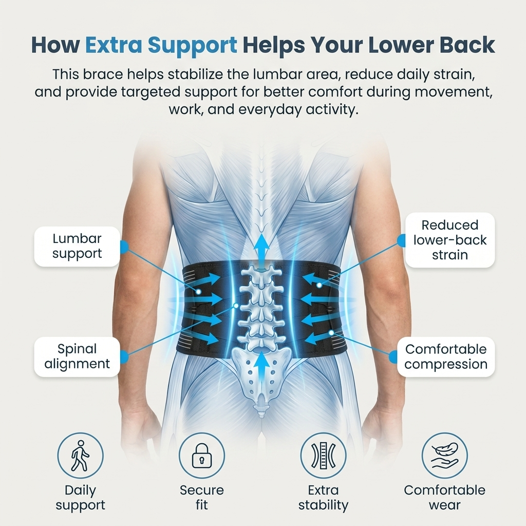 Extra lumbar support that helps stabilize your lower back during work, movement, and daily activity.