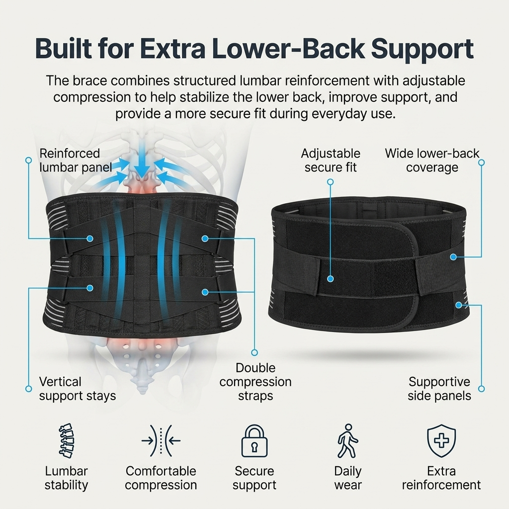 Designed for long sitting, standing, and everyday movement with secure lower-back support.