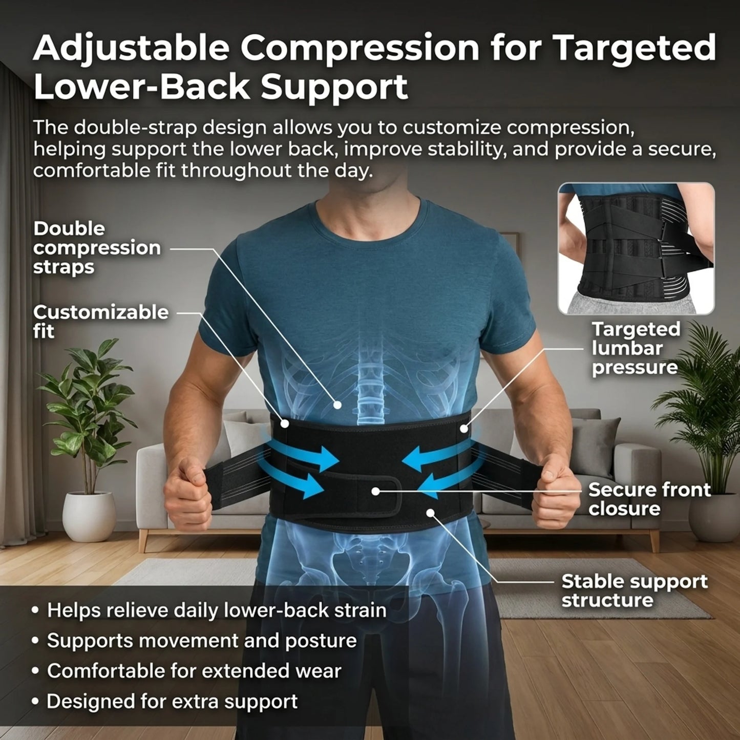 Adjustable compression helps reduce lower-back strain and keeps your back comfortably supported.