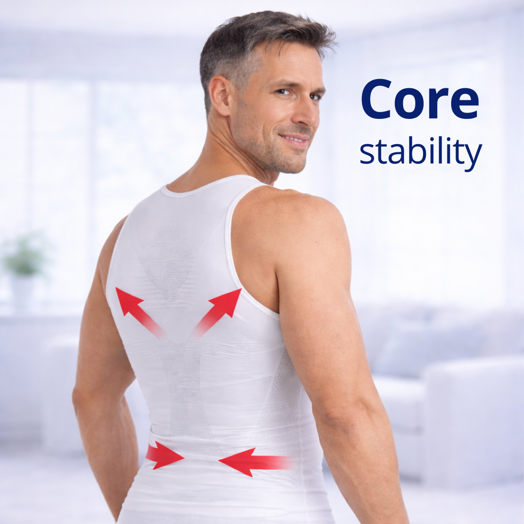 Back view of men’s posture undershirt showing shoulder and upper back support design