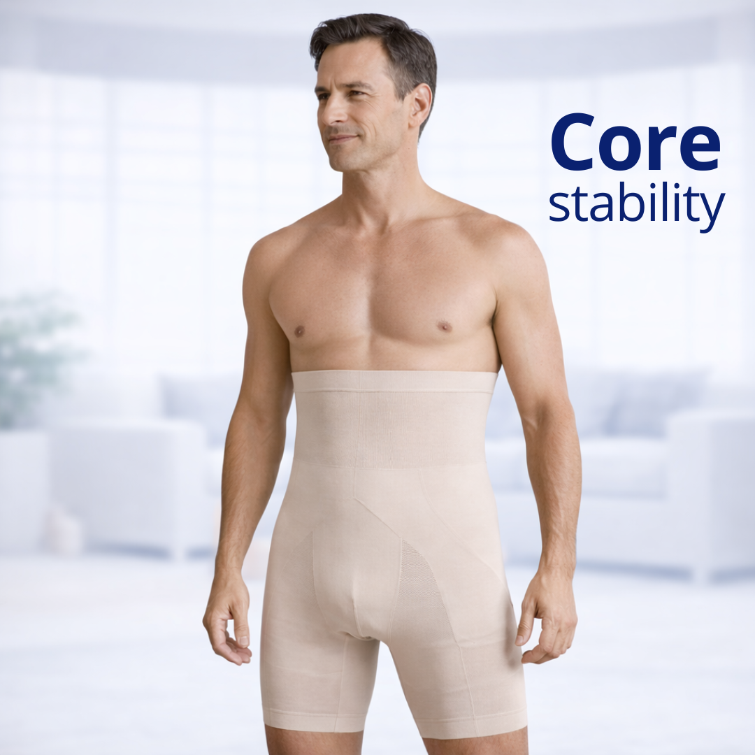 Man wearing the white variant compression pants for thigh and core support 