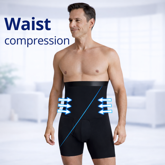 Man wearing high-waisted posture compression shorts showing targeted core and waist support with compression zones